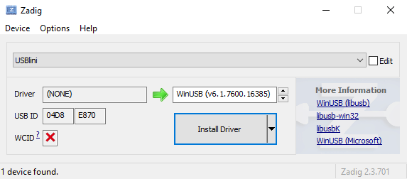 Windows driver installation for USBlini