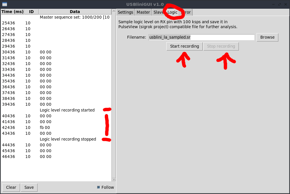 USBliniGUI logic level recording