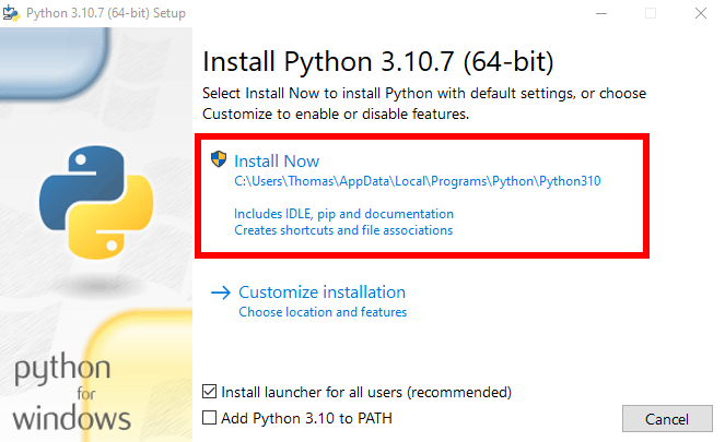 Python installation dialog